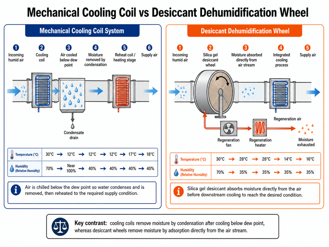 A technical schematic contrasting a mechanical cooling coil system with a desiccant dehumidification wheel. The diagram illustrates how cooling coils lower air temperature below the dew point to strip moisture before heating, while the silica gel desiccant wheel absorbs moisture directly from the air stream before an integrated cooling process.