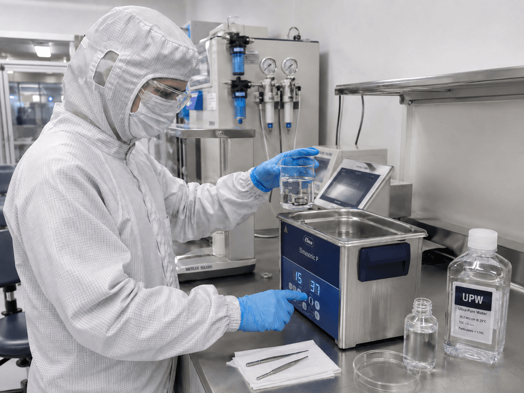 A cleanroom technician in a full sterile gown and gloves conducting liquid extraction surface testing on a raw manufacturing component inside a quality control laboratory.