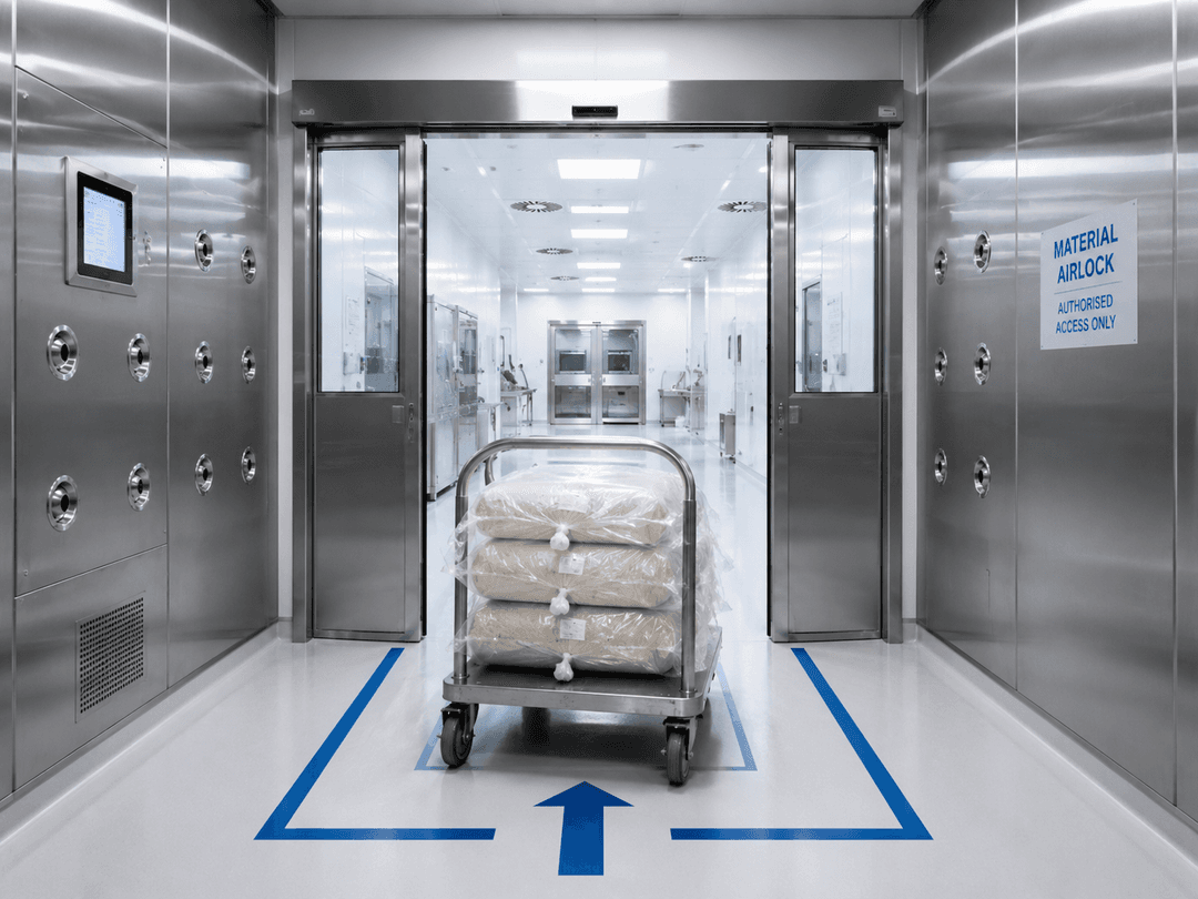 A walk-in material airlock showing a stainless steel trolley loaded with triple-bagged raw components, positioned over clear floor markings indicating a unidirectional material transfer route.